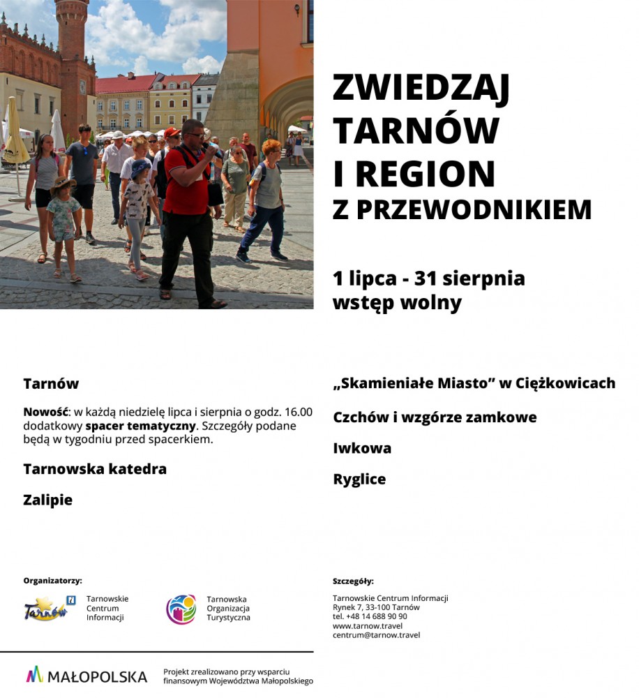 zdjęcie, ludzie, Ratusz w Tarnowie, informacja o miejscach spacerków, logotypy